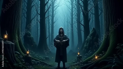 mystic standing in a forest with candles