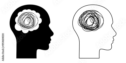 Human heads with tangled line inside