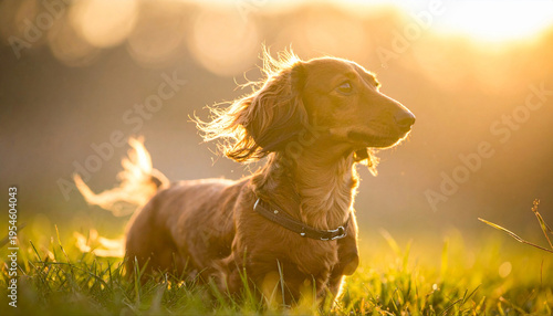 夕陽に照らされ黄金色に輝くミニチュアダックスフンドのポートレート