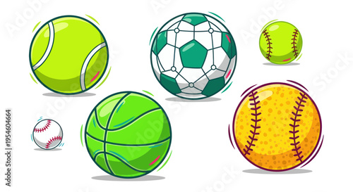 Collection of colorful sports balls: soccer, tennis, baseball, basketball, softball