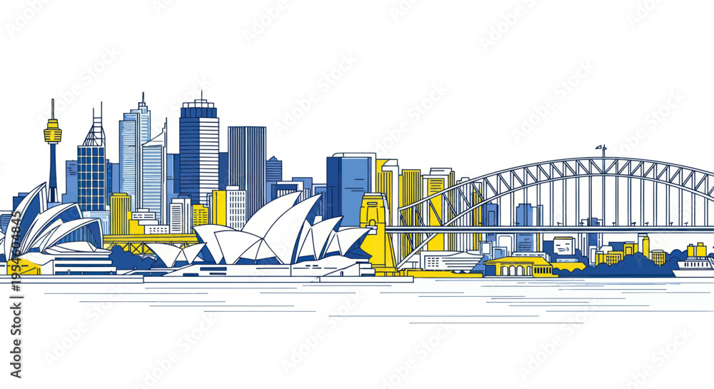 Naklejka premium Sydney Skyline Illustration: Opera House, Harbour Bridge, Modern Buildings