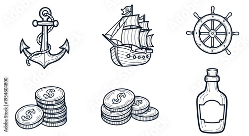 Nautical Icons: Anchor, Ship, Wheel, Coins, Bottle - Vintage Sketch Style