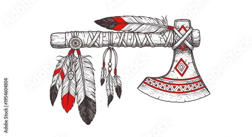 Native American Tomahawk Axe with Feathers - Tribal Warrior Weapon Illustration