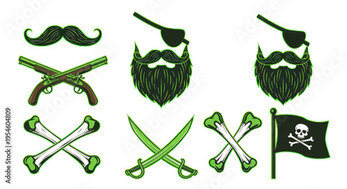 Pirate Symbols: Moustache, Eyepatch, Guns, Swords, Skull Flag, Bones Vector Icons