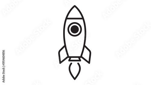 Rocketship icon with flames and a window, representing space travel and exploration in a simple line art style.