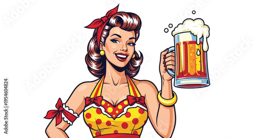 Retro Pin-up Woman Holding Beer Mug, Vintage Style Illustration