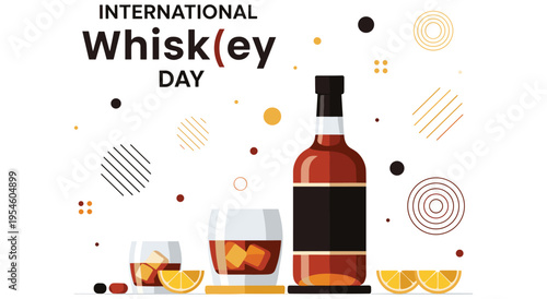 International whiskey day with bottle, glasses and orange slices