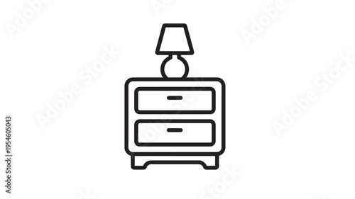 Nightstand with drawers and a lamp icon with a minimalist outline design. featuring bedside table, cabinet, furniture with drawer and symbol elements