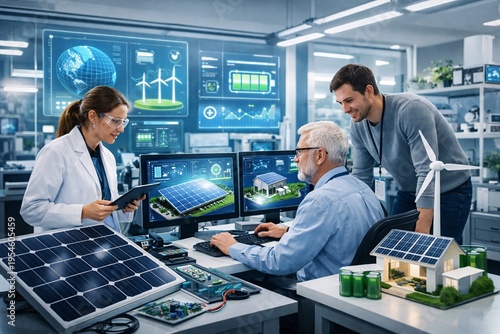 Three people work together in a modern renewable energy lab