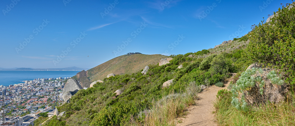 Obraz premium Travel, mountain and landscape with path in nature for environment, holiday destination and hiking journey. Summer, sustainability and ecology with route outdoor for trekking, park and adventure