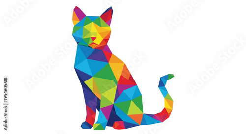 Colorful Polygonal Cat Sitting Portrait.