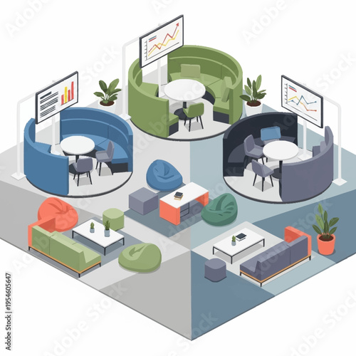 Modern office breakout areas with circular seating, tables, screens displaying charts, and comfortable lounge furniture, creating collaborative and relaxed workspaces.
