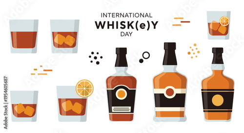 International whisk(e)y day celebration with bottles and glasses