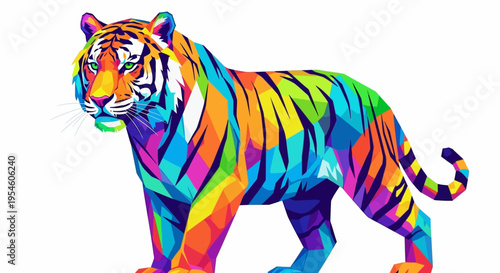 Colorful Tiger Walking Sideways Profile View.