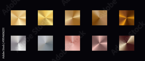 Set of 10 metallic radial gradient backgrounds in gold, silver, rose gold tones. Smooth circular light transitions with glossy foil texture, chrome shine. Luxury abstract backdrops for premium design