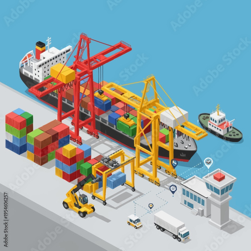 Isometric illustration of a busy shipping port with container ships, cranes, cargo, and logistics operations.