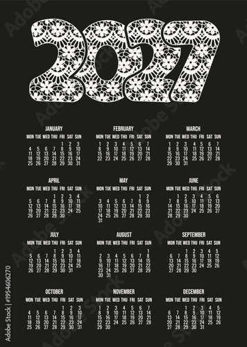 Calendar. 2027 vertical Calendar layout. Vector illustration of 2027 Calendar with Lace texture 2027 numbers. EPS 10