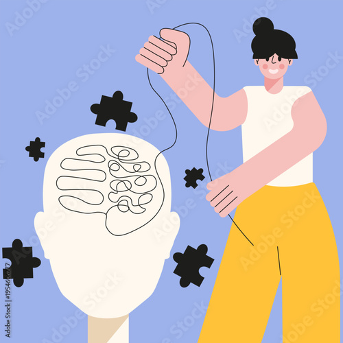 Flat unreal size person unravels mind in the head silhouette isolated blue background. Vector illustration for psychological clinic Mental Health concept design. EPS 10