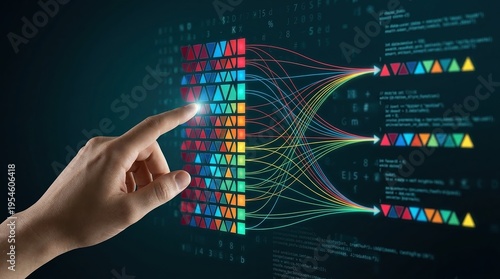 Machine Learning, Artificial Intelligence, Data Analytics, Neural Network, Deep Learning, Digital Transformation, Coding visualized with hand interacting with futuristic data interface.