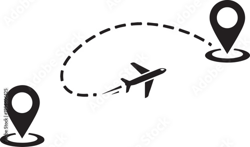 Airplane flight path with start and end location markers depicting air travel, vacation, global shipping, and long-distance journeys concept