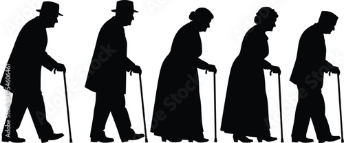 Elderly people silhouettes vector illustration showing men and women walking with canes, vintage clothing, aging and senior lifestyle concept
