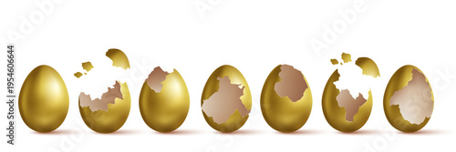 Set of different gold eggs, broken cracked eggs, isolated on white.	