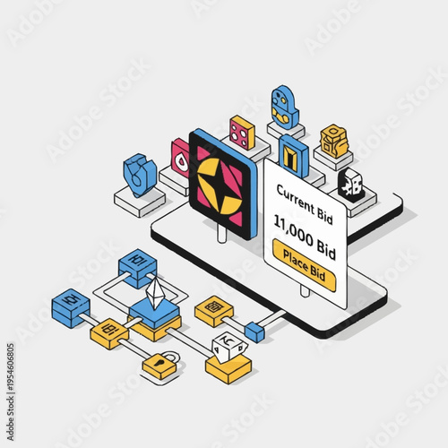 Isometric illustration of a decentralized digital marketplace with blockchain technology and NFT auction interface.