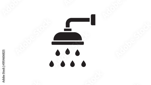 Shower head icon with falling water drops, representing hygiene and bathroom cleanliness in a simple black and white graphic illustration.