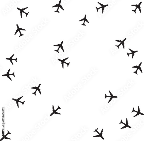 Aviation pattern featuring black silhouettes of airplanes flying in various directions over a transparent background for travel and tourism designs