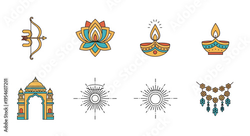 Vibrant collection of outlined Indian cultural and festive icons, featuring traditional symbols like diya lamps, lotus flowers, and temple motifs, perfect for celebration and spiritual designs