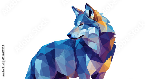 Geometric wolf illustration in blue tones.