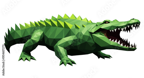 Green crocodile with sharp teeth standing.