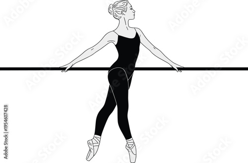 Elegant black and white ballet illustration featuring a professional ballerina practicing pointe technique at barre in dance studio for classical training, performance, and artistic design projects