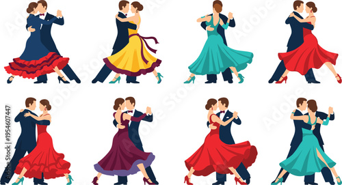 Elegant ballroom dance couples performing classic tango and waltz moves, stylish dancers in flowing dresses, romantic partner dancing illustration set isolated on white