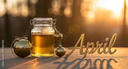Honey jar with springtime wooden sign.