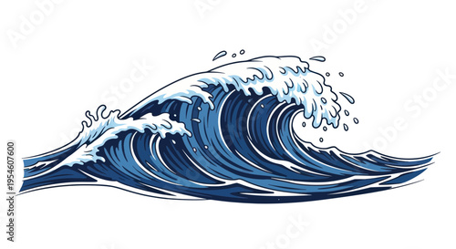 Powerful Blue Ocean Wave Crashing, Dynamic Water Splash, Artistic Illustration