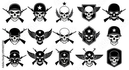 Skull Emblems with Military Helmets and Rifles - Vector Icons Set