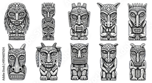 Tribal Totem Poles Collection: Indigenous Art, Carved Figures, Cultural Symbols