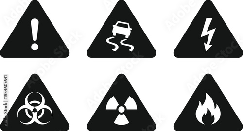 Set of six warning signs including general caution, slippery surface, high voltage, biohazard, radiation, and fire risks
