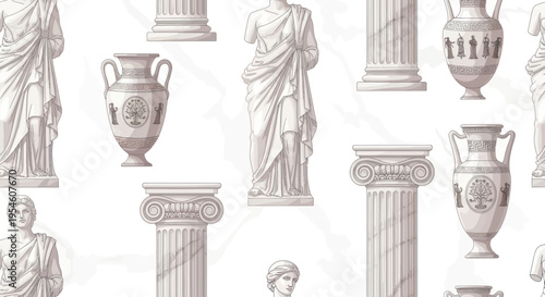 Ancient Greek Roman Statues Columns Amphorae Pattern Marble Background