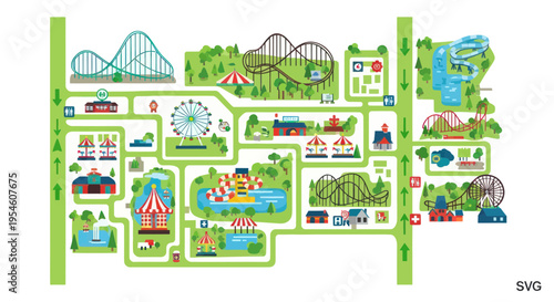 Amusement Park Map: Rollercoasters, Ferris Wheel, Water Slides, Rides, Attractions