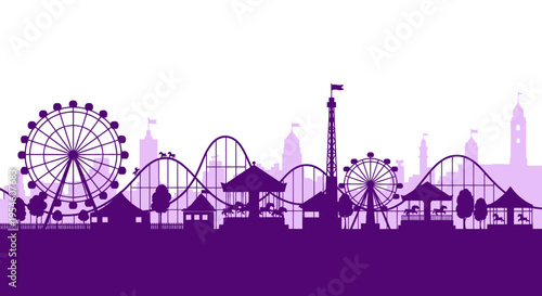Amusement Park Skyline Silhouette: Ferris Wheel, Roller Coaster, Carousel, Funfair
