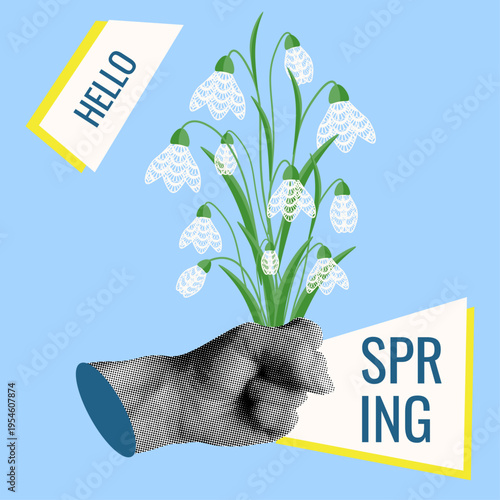 Spring Collage. Vector Halftone effect hand with spring Lace texture snowdrops flowers bouquet and modern bold season message isolated blue background. Perfect nostalgia spring poster card cover.  