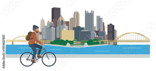 Flat illustration of cyclist activity with colorful Pittsburgh skyline vector background. Man riding bike by the river and downtown bridges.