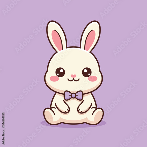 Cute cartoon white rabbit with purple bow tie on a light purple background, adorable animal illustration.