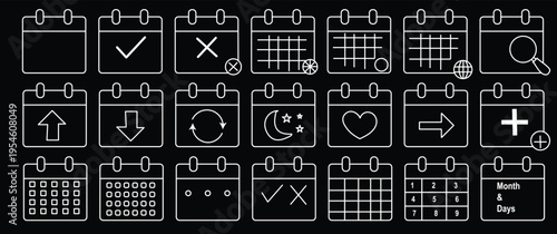 Art & Illustr atio Calendar Icons collection - vector. Calendar symbols isolated. Line style Icon. Flat icon. Editable stroke. Vector Icon n