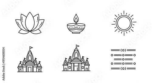 Set of Indian cultural icons including lotus, diya, sun, and temples, with sliders symbolizing balance and control