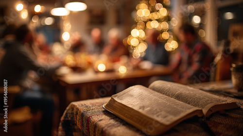 bible study gathering with christian group in warm atmosphere and inviting bokeh background showing spiritual practice scripture learning prayer and church fellowship concept