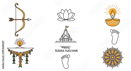 Auspicious symbols for Rama Navami, including a bow and arrow, lotus, and diya, along with footprints and temple designs