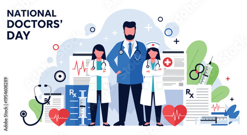 National doctors day poster with medical staff and professional equipment illustration
